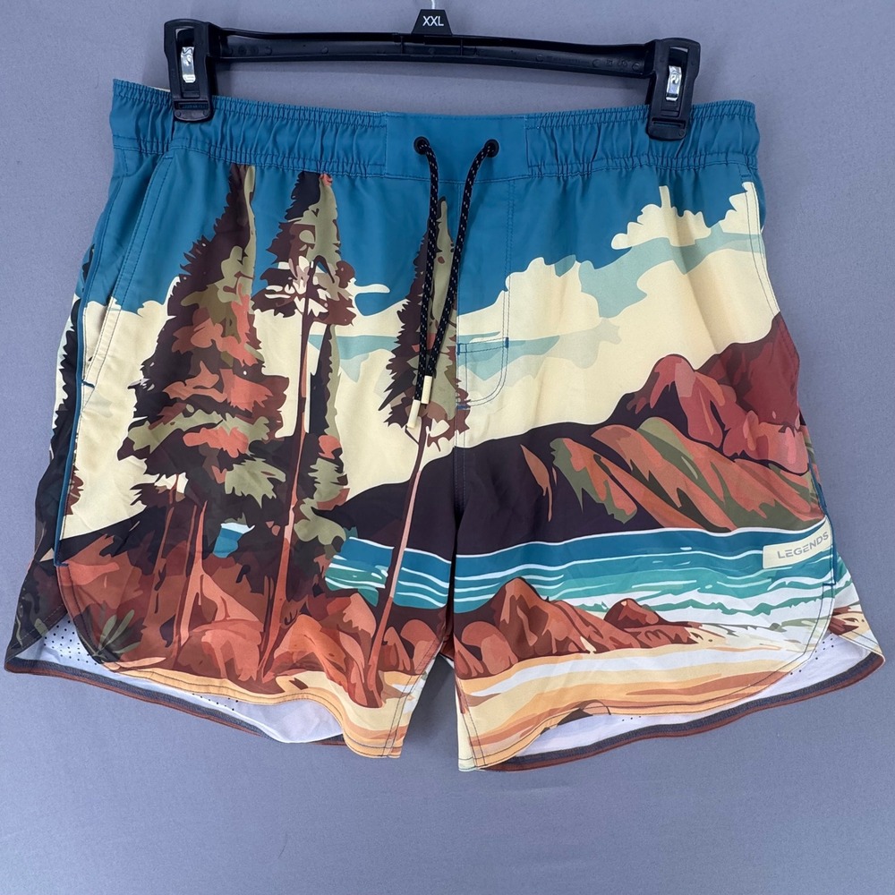 Legends Mens XL Scenic Landscape Print Athletic Shorts Blue Mountain Nature 7in